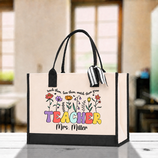 Personalized Teacher Tote Bag, Custom Teacher Name Canvas Tote, Back to School Gift