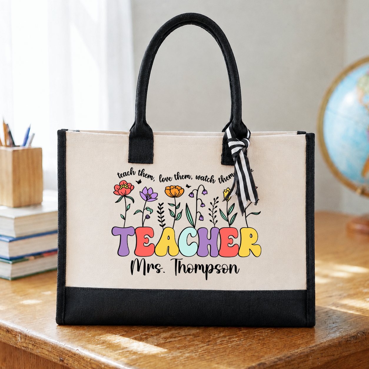 Personalized Teacher Tote Bag, Custom Teacher Name Canvas Tote, Back to School Gift