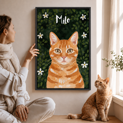 Personalized Cat Portrait Canvas, Custom Watercolor Cat Wall Art