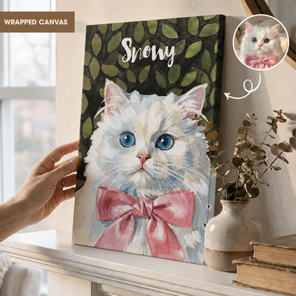 Personalized Cat Portrait Canvas, Custom Watercolor Cat Wall Art