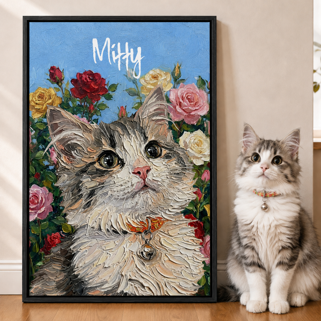 Personalized Cat Portrait Canvas from Photo, Custom Cat Name Floral Wall Art