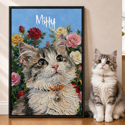 Personalized Cat Portrait Canvas from Photo, Custom Cat Name Floral Wall Art