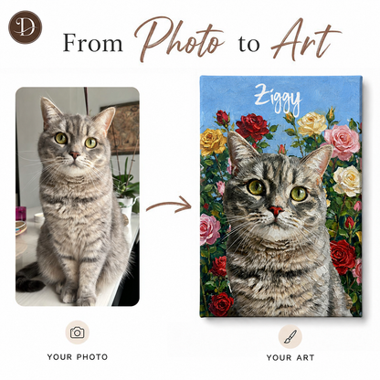 Personalized Cat Portrait Canvas from Photo, Custom Cat Name Floral Wall Art