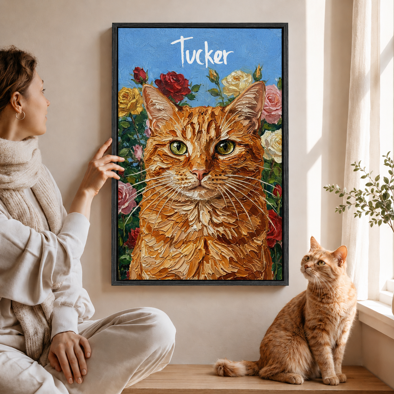 Personalized Cat Portrait Canvas from Photo, Custom Cat Name Floral Wall Art