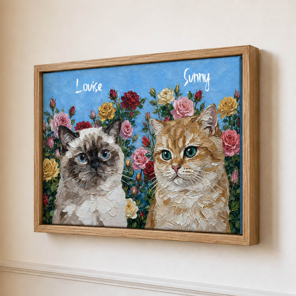 Personalized Cat Portrait Canvas from Photo, Custom Cat Name Floral Wall Art