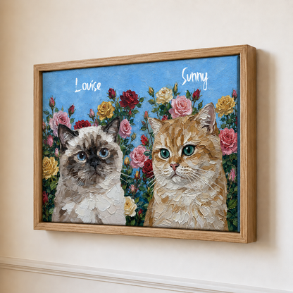Personalized Cat Portrait Canvas from Photo, Custom Cat Name Floral Wall Art