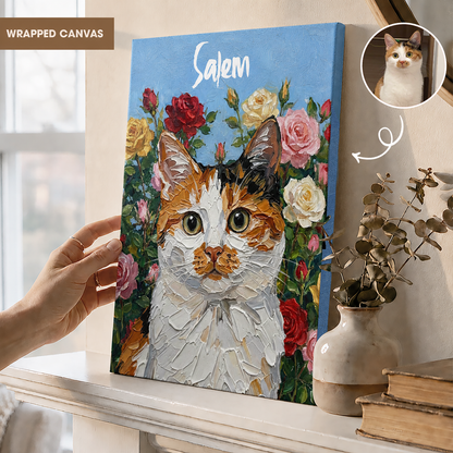Personalized Cat Portrait Canvas from Photo, Custom Cat Name Floral Wall Art