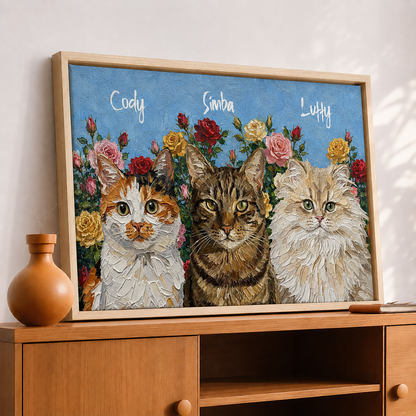 Personalized Cat Portrait Canvas from Photo, Custom Cat Name Floral Wall Art