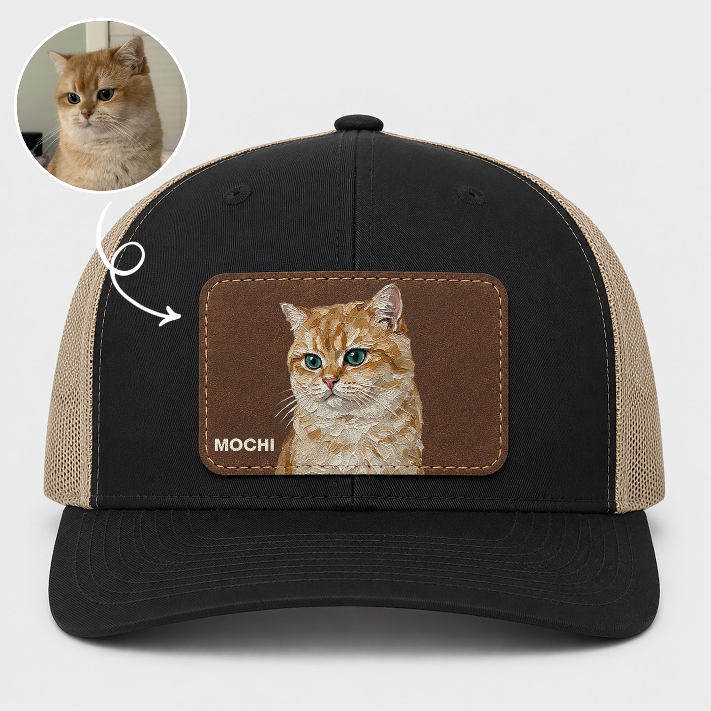 Personalized Cat Photo Leather Patch Trucker Cap, Custom Pet Portrait Snapback Hat, Cat Lover Gift