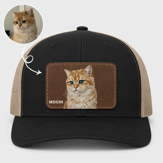 Personalized Cat Photo Leather Patch Trucker Cap, Custom Pet Portrait Snapback Hat, Cat Lover Gift