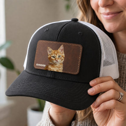 Personalized Cat Photo Leather Patch Trucker Cap, Custom Pet Portrait Snapback Hat, Cat Lover Gift
