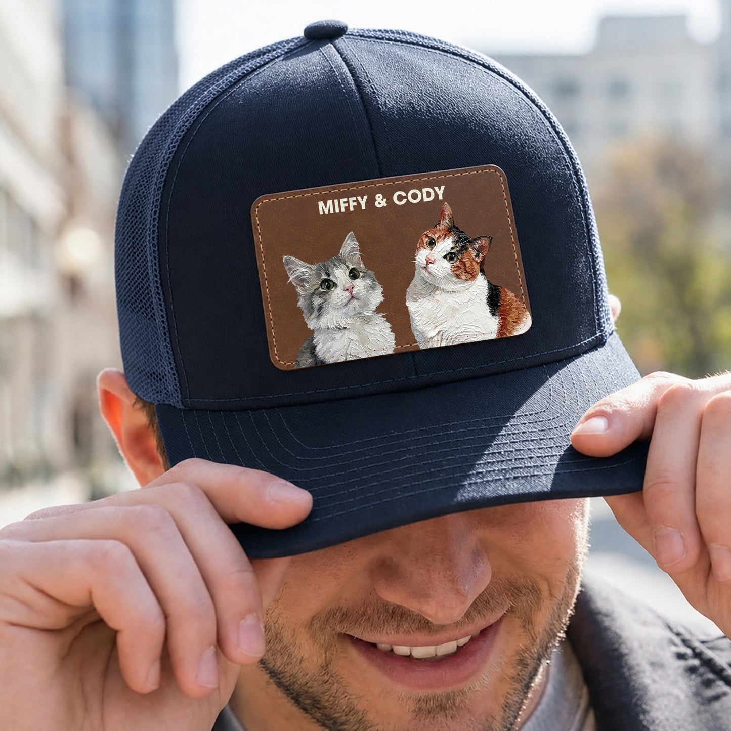 Personalized Cat Photo Leather Patch Trucker Cap, Custom Pet Portrait Snapback Hat, Cat Lover Gift