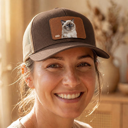Personalized Cat Photo Leather Patch Trucker Cap, Custom Pet Portrait Snapback Hat, Cat Lover Gift
