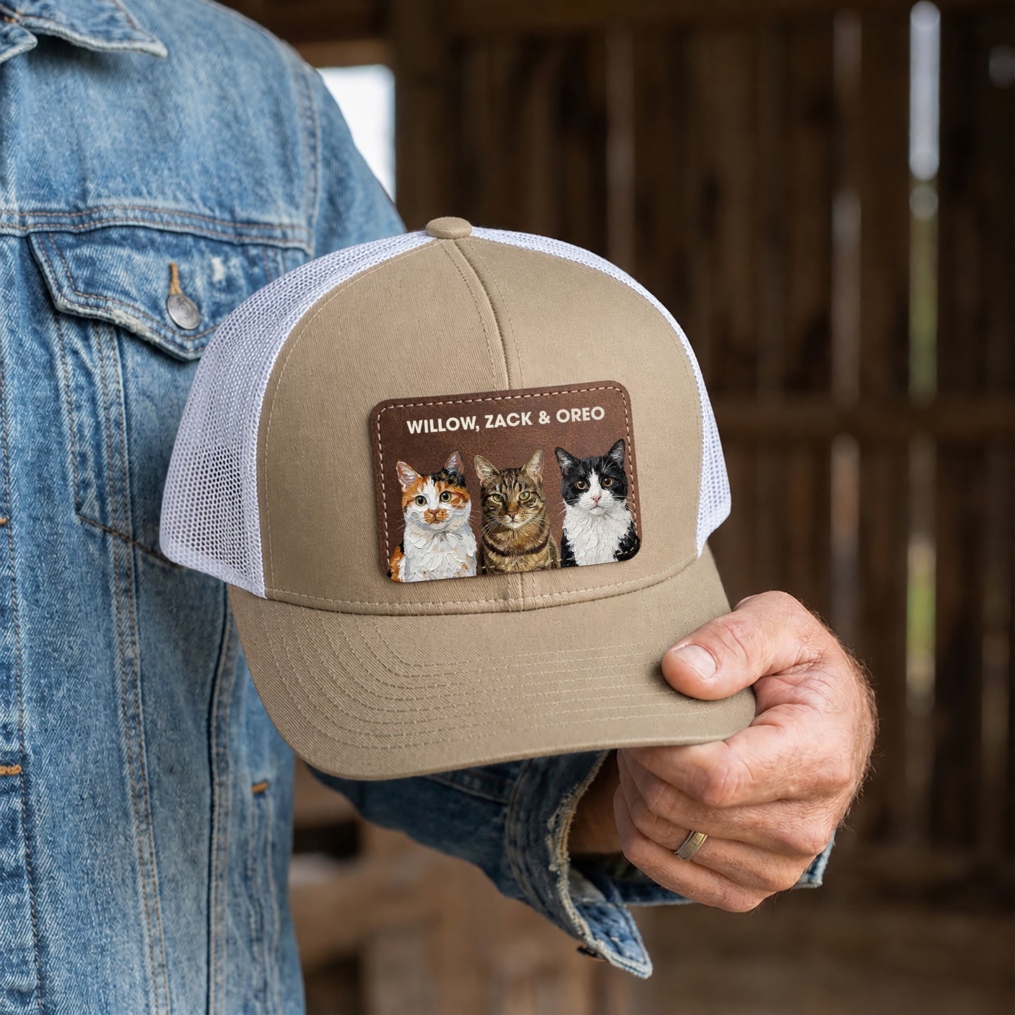 Personalized Cat Photo Leather Patch Trucker Cap, Custom Pet Portrait Snapback Hat, Cat Lover Gift