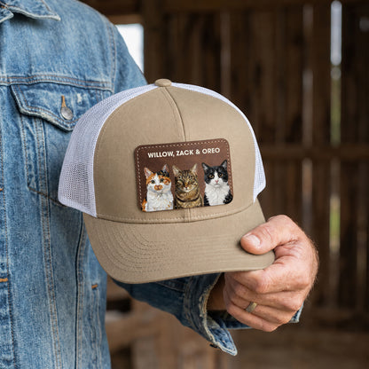 Personalized Cat Photo Leather Patch Trucker Cap, Custom Pet Portrait Snapback Hat, Cat Lover Gift