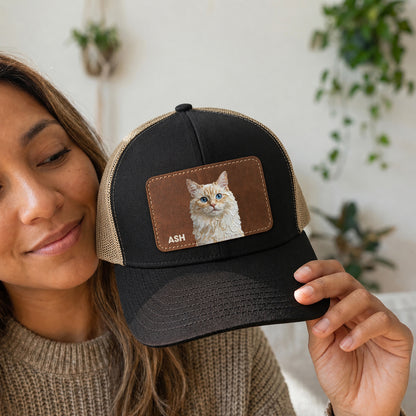 Personalized Cat Photo Leather Patch Trucker Cap, Custom Pet Portrait Snapback Hat, Cat Lover Gift