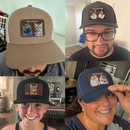 Personalized Cat Photo Leather Patch Trucker Cap, Custom Pet Portrait Snapback Hat, Cat Lover Gift