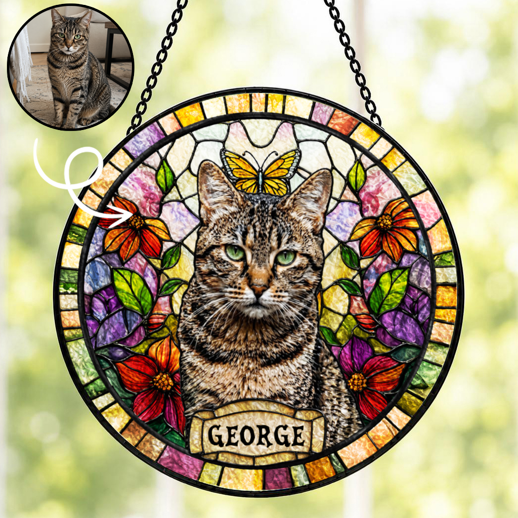 Personalized Cat Portrait Stained Glass Suncatcher, Custom Gift for Cat Lovers