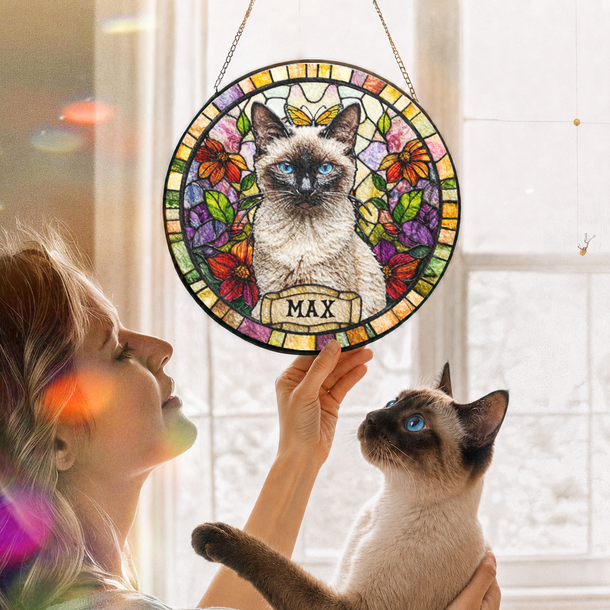 Personalized Cat Portrait Stained Glass Suncatcher, Custom Gift for Cat Lovers