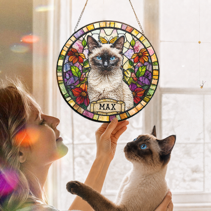 Personalized Cat Portrait Stained Glass Suncatcher, Custom Gift for Cat Lovers