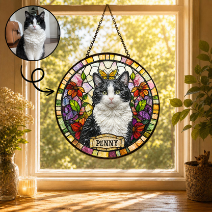 Personalized Cat Portrait Stained Glass Suncatcher, Custom Gift for Cat Lovers
