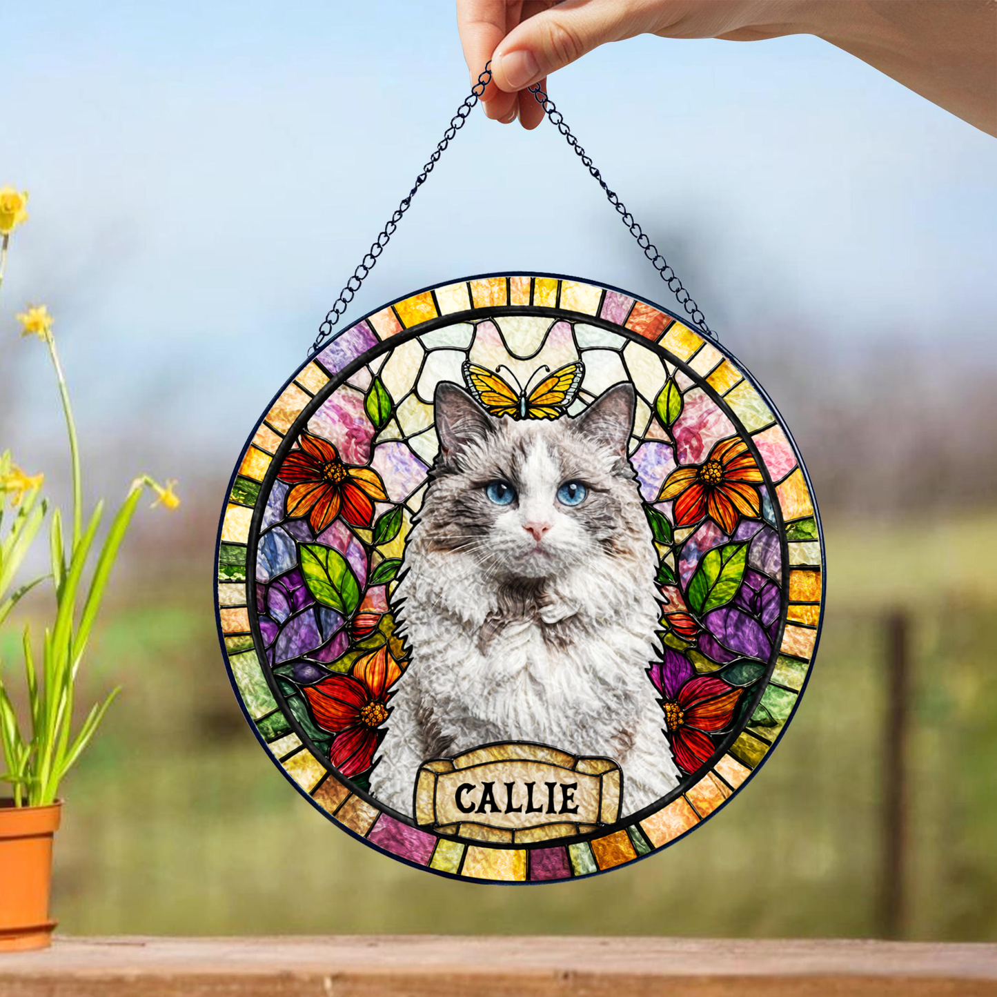 Personalized Cat Portrait Stained Glass Suncatcher, Custom Gift for Cat Lovers