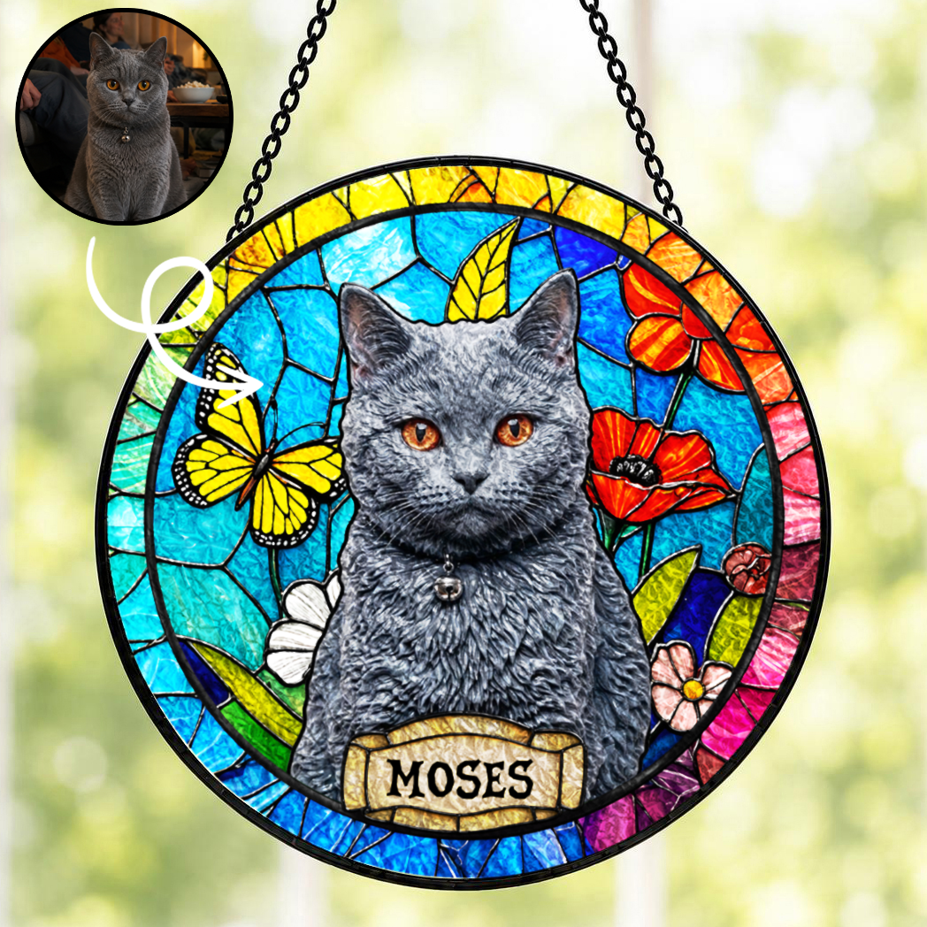 Personalized Cat Portrait Stained Glass Suncatcher, Custom Gift for Cat Lovers