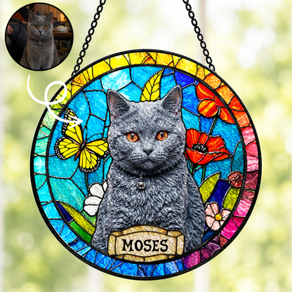 Personalized Cat Portrait Stained Glass Suncatcher, Custom Gift for Cat Lovers