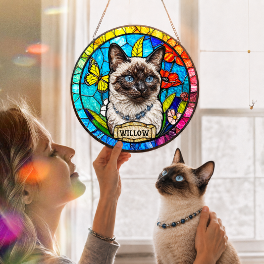 Personalized Cat Portrait Stained Glass Suncatcher, Custom Gift for Cat Lovers