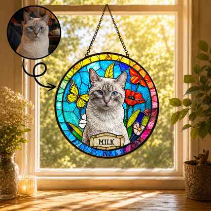 Personalized Cat Portrait Stained Glass Suncatcher, Custom Gift for Cat Lovers