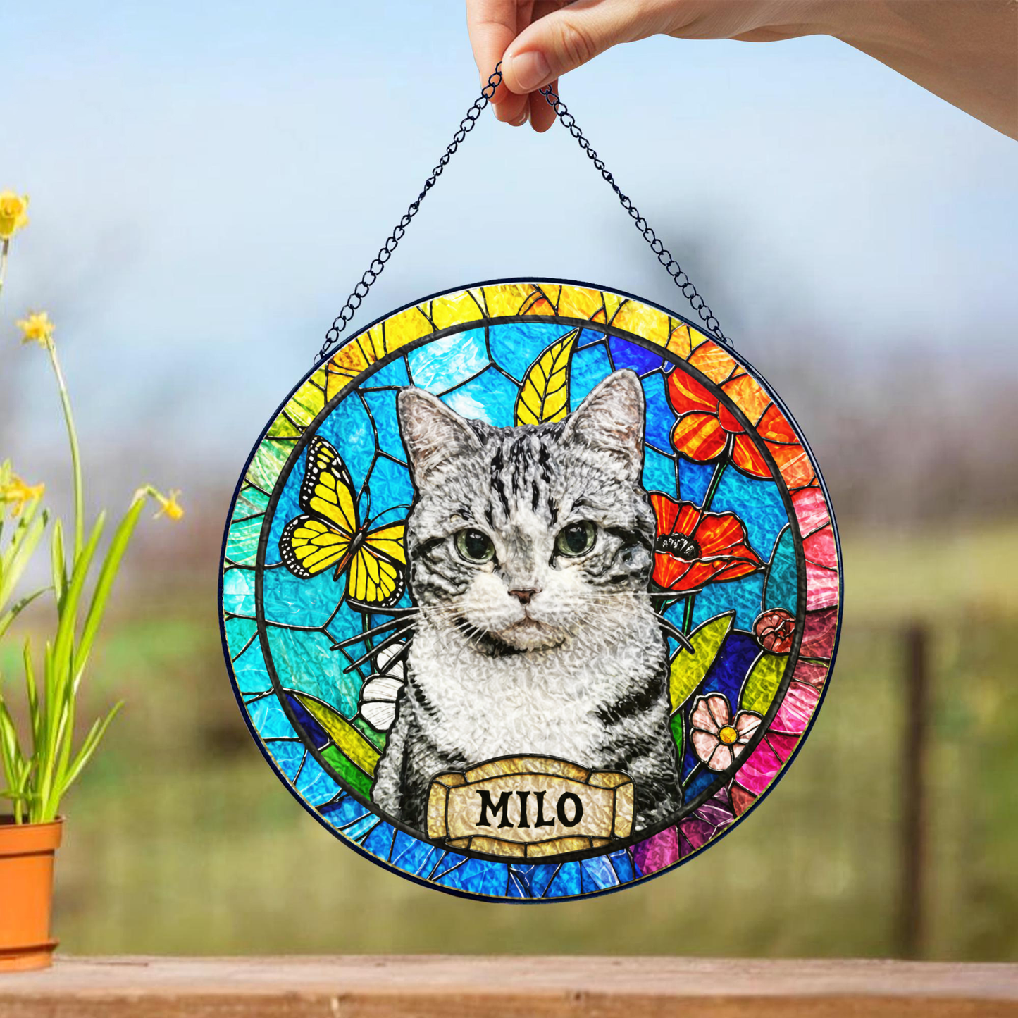 Personalized Cat Portrait Stained Glass Suncatcher, Custom Gift for Cat Lovers