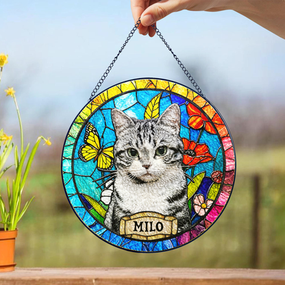 Personalized Cat Portrait Stained Glass Suncatcher, Custom Gift for Cat Lovers