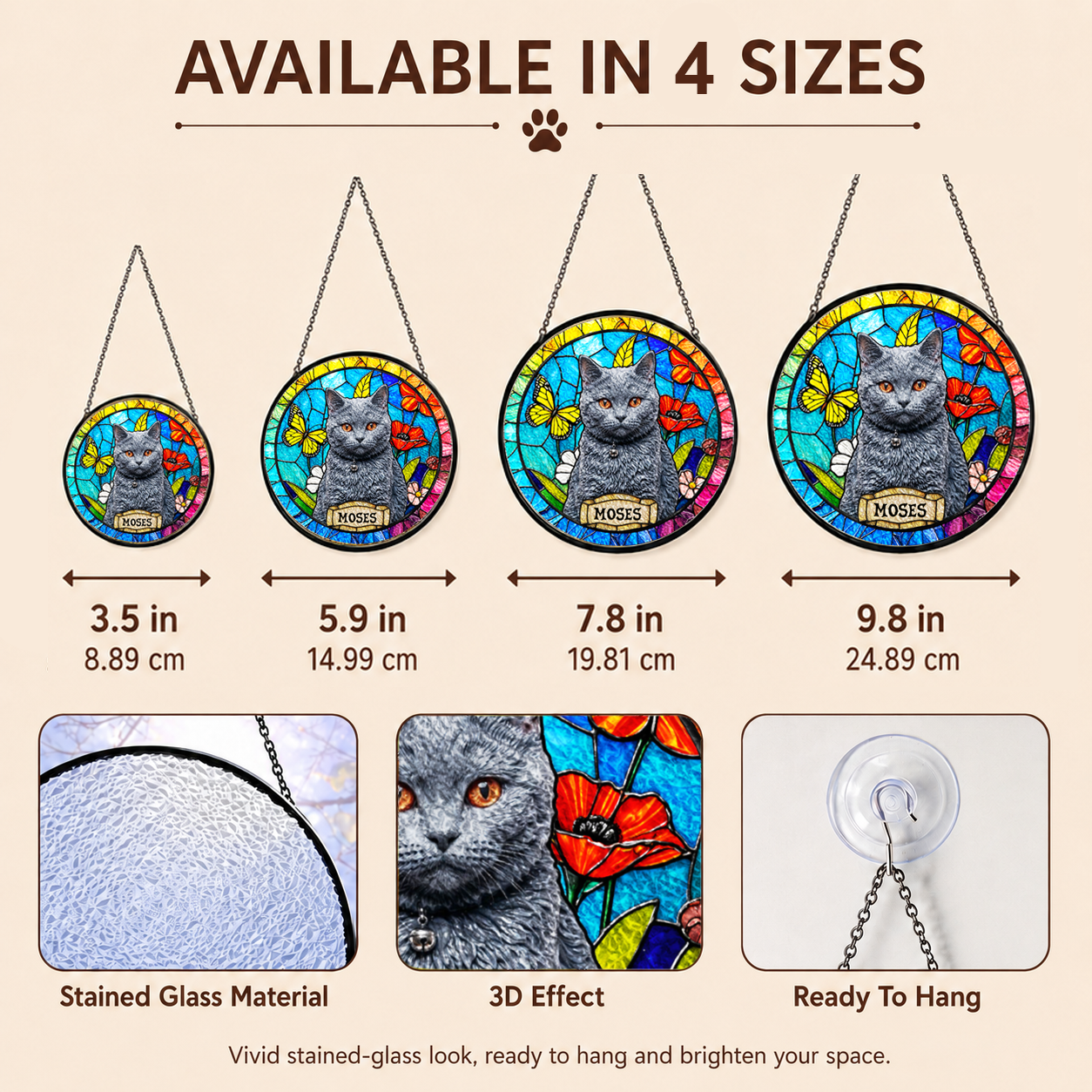 Personalized Cat Portrait Stained Glass Suncatcher, Custom Gift for Cat Lovers