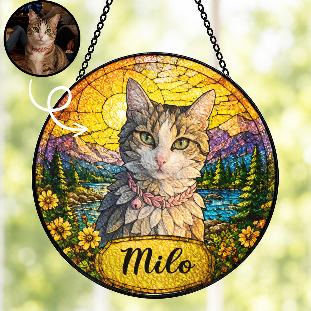 Personalized Cat Portrait Stained Glass-Style Suncatcher, Custom Pet Photo Window Gift for Cat Lovers