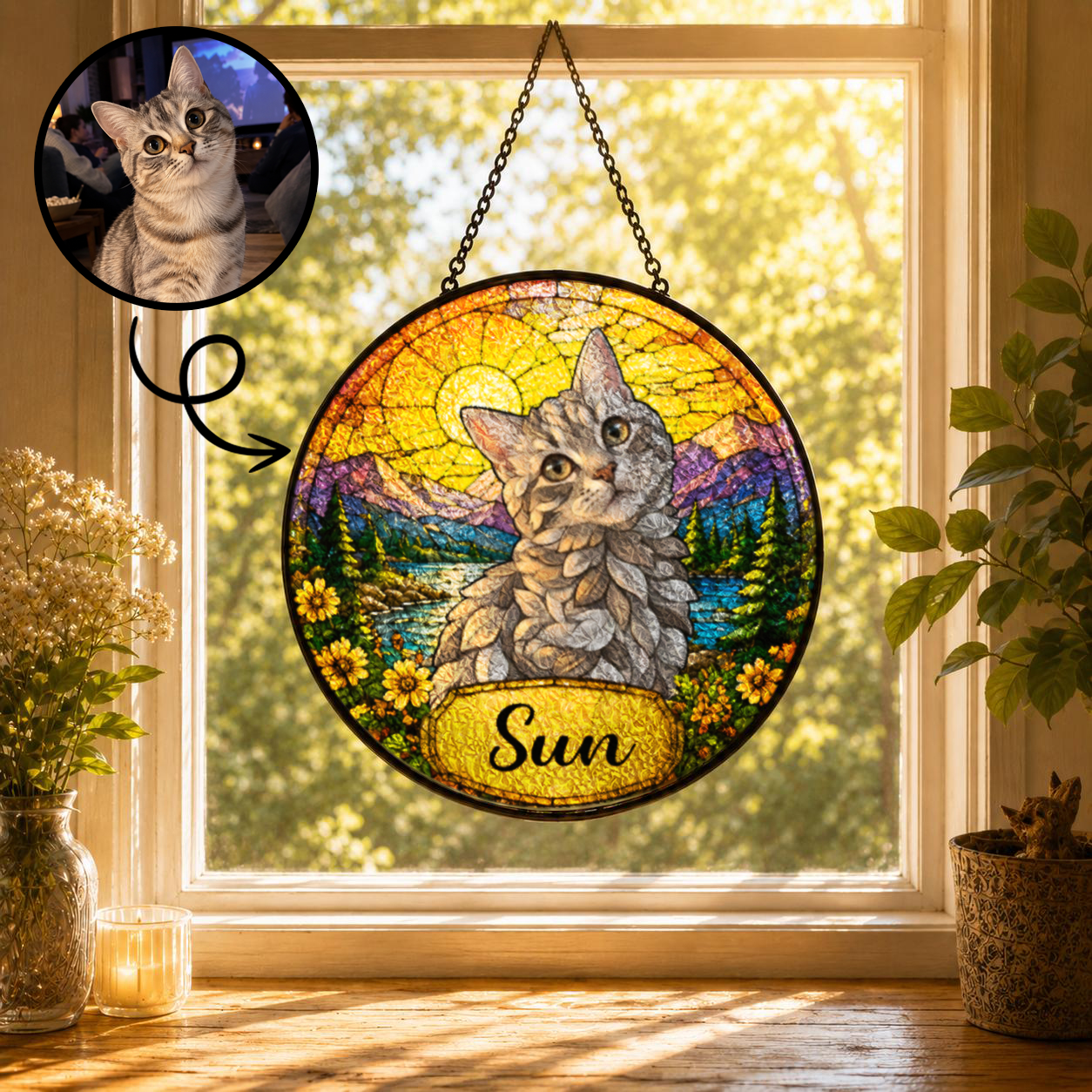 Personalized Cat Portrait Stained Glass-Style Suncatcher, Custom Pet Photo Window Gift for Cat Lovers