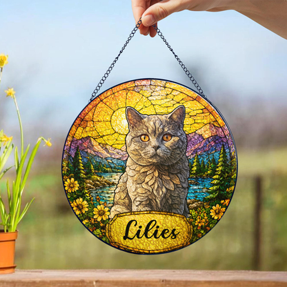 Personalized Cat Portrait Stained Glass-Style Suncatcher, Custom Pet Photo Window Gift for Cat Lovers
