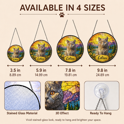 Personalized Cat Portrait Stained Glass-Style Suncatcher, Custom Pet Photo Window Gift for Cat Lovers