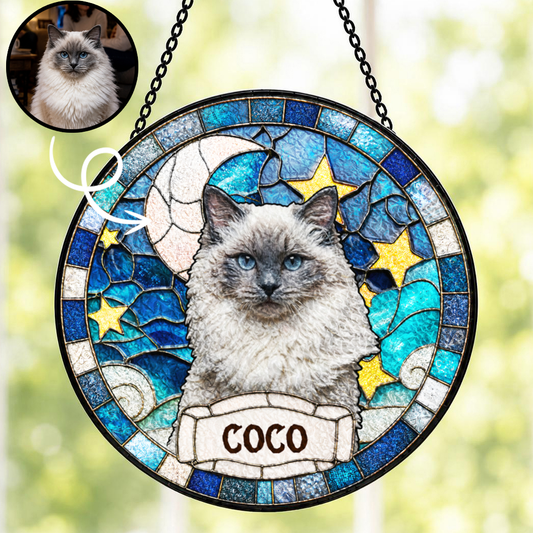 Personalized Cat Portrait Stained Glass Suncatcher, Custom Pet Photo and Name Gift for Cat Lovers