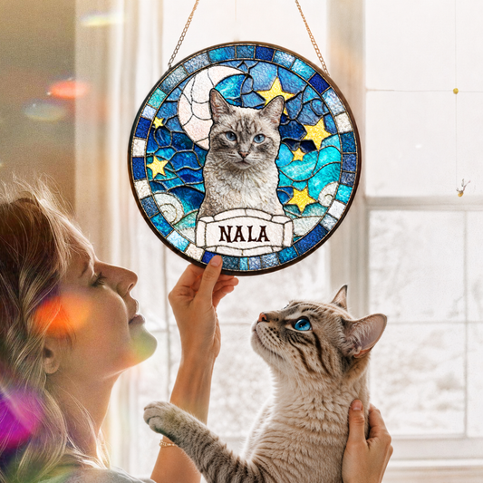 Personalized Cat Portrait Stained Glass Suncatcher, Custom Pet Photo and Name Gift for Cat Lovers