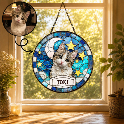 Personalized Cat Portrait Stained Glass Suncatcher, Custom Pet Photo and Name Gift for Cat Lovers