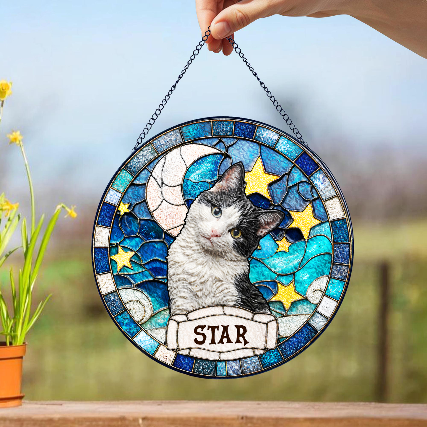 Personalized Cat Portrait Stained Glass Suncatcher, Custom Pet Photo and Name Gift for Cat Lovers