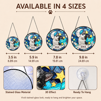 Personalized Cat Portrait Stained Glass Suncatcher, Custom Pet Photo and Name Gift for Cat Lovers