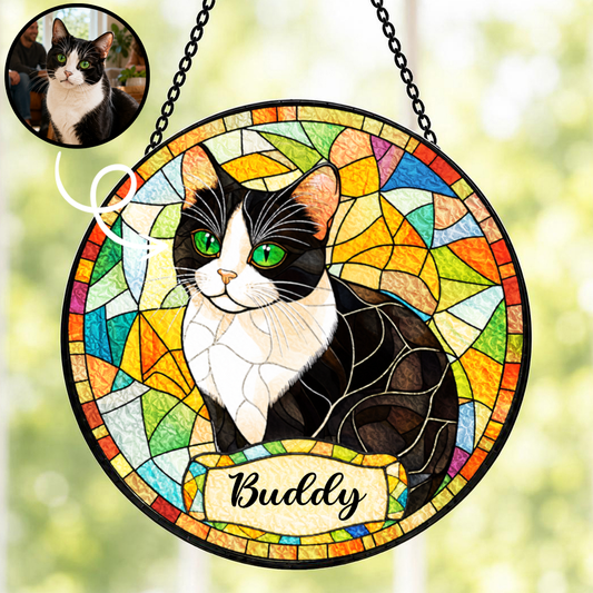 Personalized Cat Portrait Stained Glass Suncatcher, Custom Pet Photo Gift for Cat Lovers