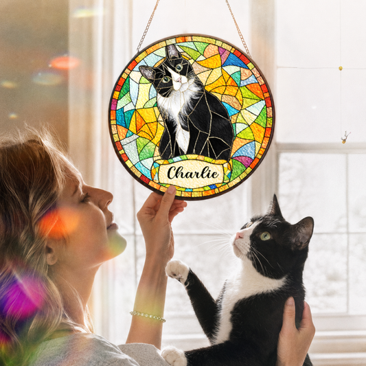 Personalized Cat Portrait Stained Glass Suncatcher, Custom Pet Photo Gift for Cat Lovers