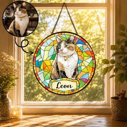 Personalized Cat Portrait Stained Glass Suncatcher, Custom Pet Photo Gift for Cat Lovers