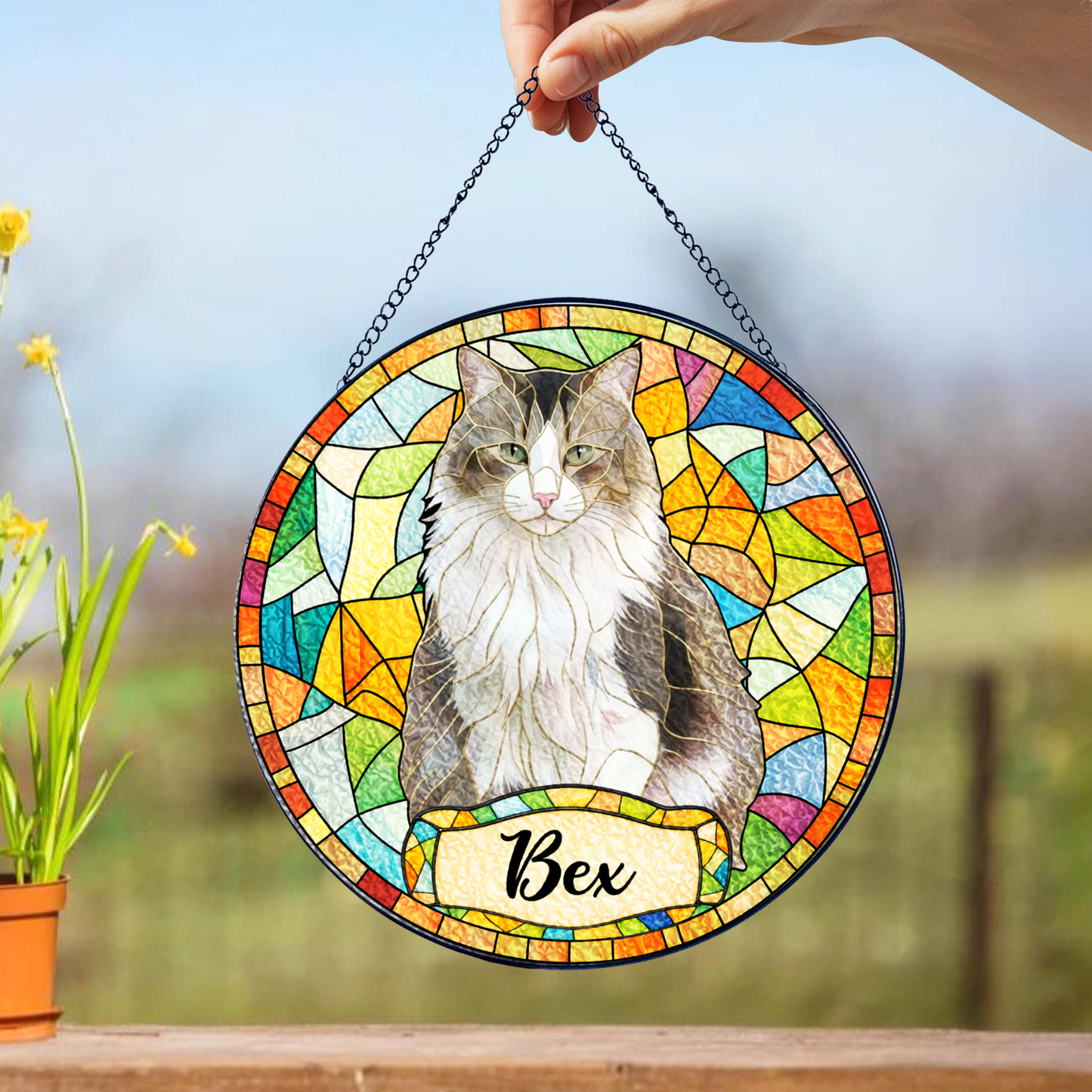Personalized Cat Portrait Stained Glass Suncatcher, Custom Pet Photo Gift for Cat Lovers
