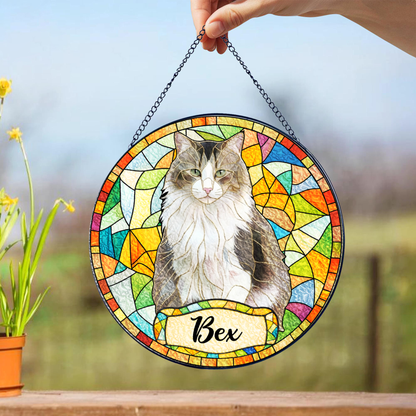 Personalized Cat Portrait Stained Glass Suncatcher, Custom Pet Photo Gift for Cat Lovers