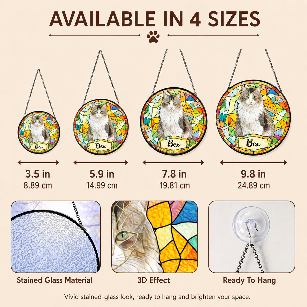 Personalized Cat Portrait Stained Glass Suncatcher, Custom Pet Photo Gift for Cat Lovers