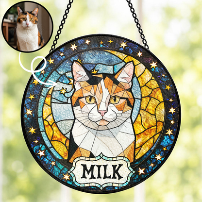 Personalized Cat Portrait Stained Glass Suncatcher, Custom Gift for Cat Lovers