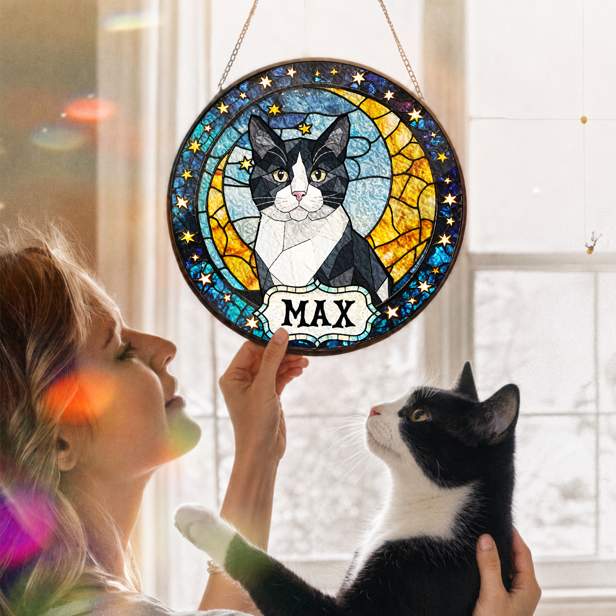 Personalized Cat Portrait Stained Glass Suncatcher, Custom Gift for Cat Lovers